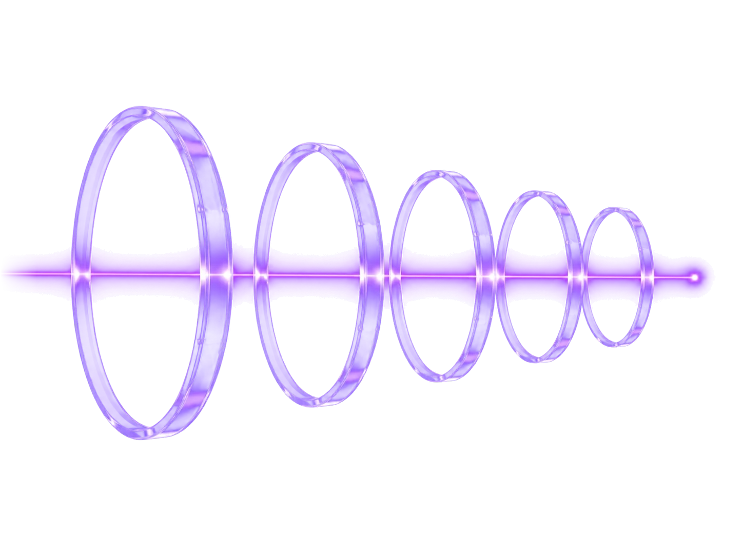 Five glass rings in a row, receding and shrinking to the right, one violet beam passing through every center, flaring brighter at each ring and ending in a small point of light.