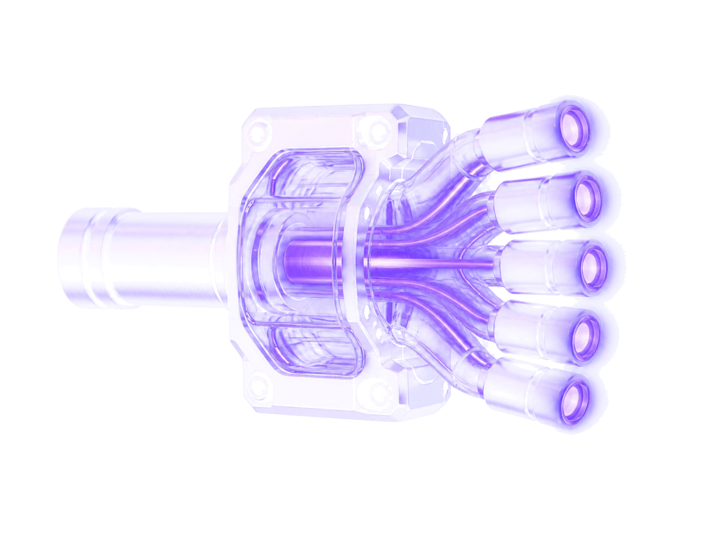 A dark cylindrical body with one thick pipe entering from the left and five smaller outlets fanning out to the right, each outlet glowing violet at its mouth.