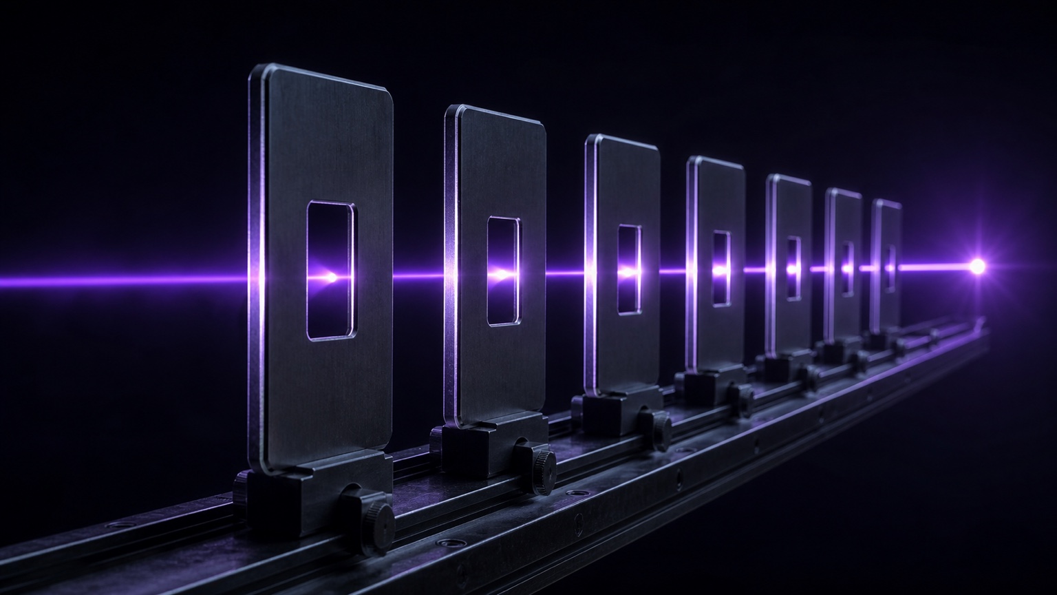 Seven thin machined gates in a row on a dark optical rail, receding to the right. A violet beam enters the nearest aperture and passes through all seven, ending in a bright point past the last gate.